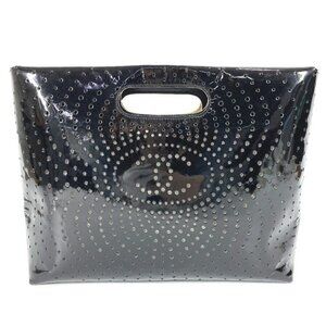 CHANEL Punching CC CC Mark logo Bag Hand Bag enamel Black